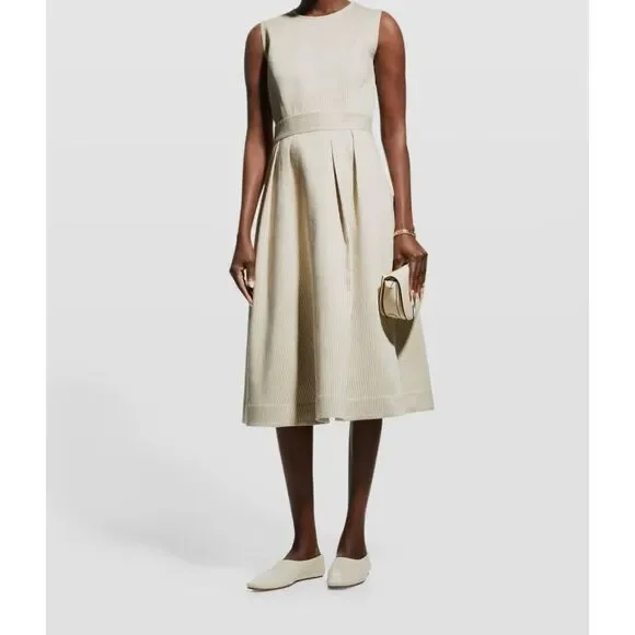 $1198 Lafayette 148 New York Womens Beige Striped Linen/Silk Midi Dress Size 14